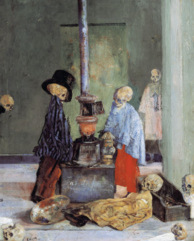 James Ensor， Skeletons Warming Themselves，1889年