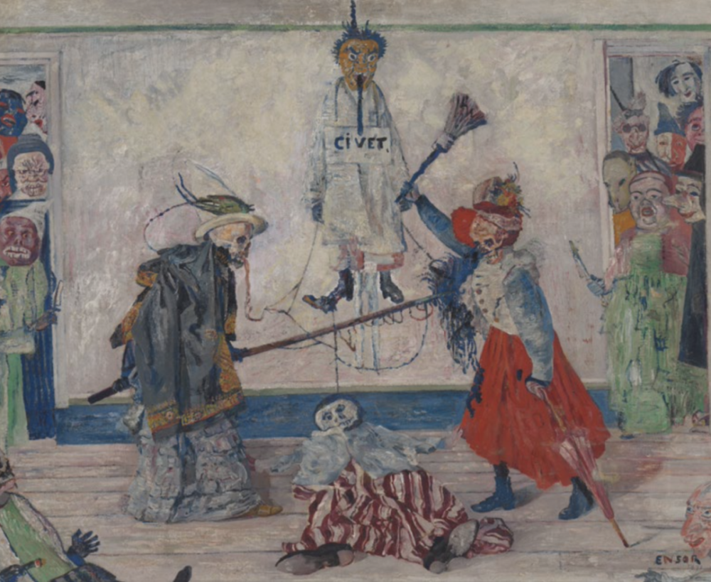 James Ensor，《骷髅争夺吊人尸体Skeletons Fighting over the Body of a Hanged Man》，1891年 ©MoMu Antwerp
