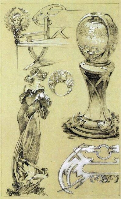 捷克插画大师穆夏 Alphonse Maria Mucha (1860—1939) 的珠宝设计手稿
