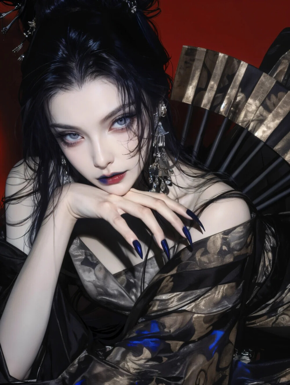 正向咒语：
1girl, dragon, eastern dragon, chinese clothes, hand fan, red background, sitting, jewelry, crossed legs, dress, looking at viewer, black hair, holding fan, hair ornament, earrings, holding, shawl, red lips, folding fan, bracelet, makeup, simple background, black eyes, solo, chair, closed mout