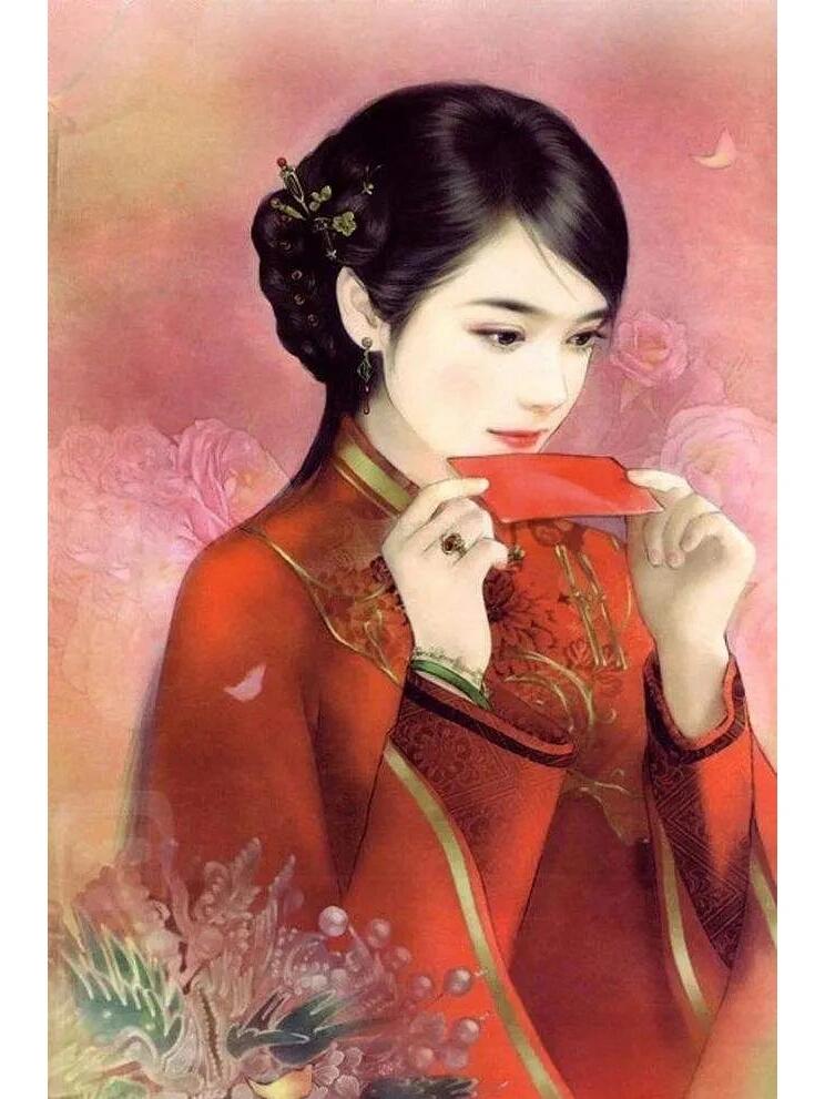 朱唇一点桃花殷，宿妆娇羞偏髻鬟。
——唐·岑参《醉戏窦子美人》