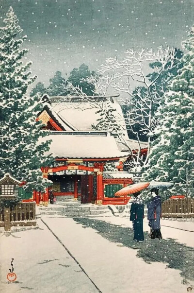 日野江神社的雪，川濑巴水，1931