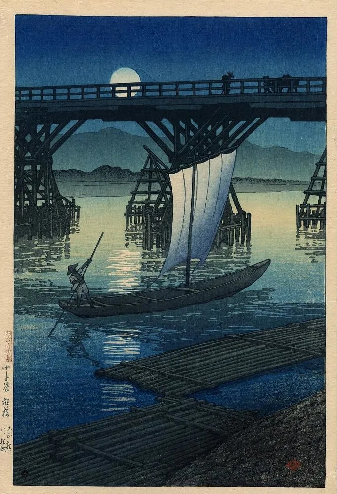 小千谷朝日桥，川濑巴水，1921，出自《旅行纪念品 II》