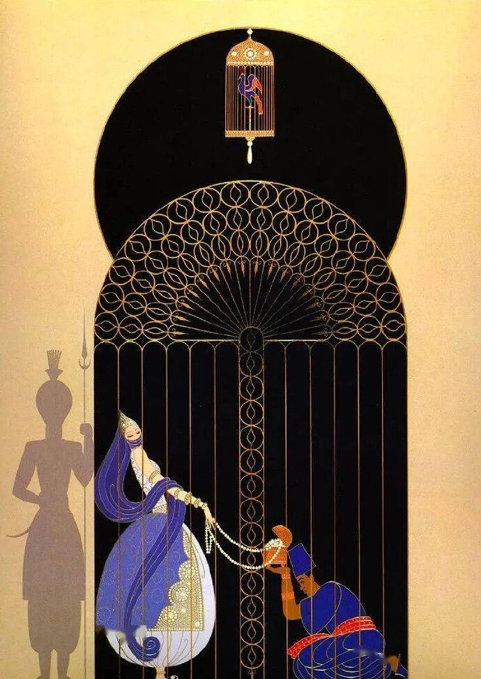 俄裔法籍插画艺术家 Erte（Romain de Tirtoff, 1892—1990）是20世纪最具代表性的插画艺术家之一。他的作品不仅在艺术史上留下了深刻的印记，而且对时装、电影和舞台艺术等领域产生了广泛的影响。Erte的画风以其华丽的艺术风格为特点，他创作的插画充满了装饰性、奢华感和精细的线条。他受到了新艺术运动和装饰风格的影响，这使得他的作品具有明显的装饰性和几何美感。他的作品通常描绘了美丽的女性形象，这些形象的服装和发型都是他精心设计的，并且在视觉上非常引人注目。他也经常描绘神话和历史题材，并运用了大量的金色和银色元素，以增强画面的奢华感。他的插画作品广泛应用于宣传海报、杂志封面、书籍插图、珠宝设计等领域。他也参与了电影和舞台艺术的设计工作，其中包括布莱希特的戏剧和音乐剧的设计。