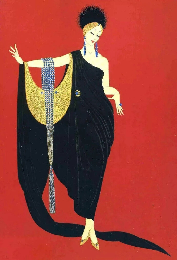 俄裔法籍插画艺术家 Erte（Romain de Tirtoff, 1892—1990）是20世纪最具代表性的插画艺术家之一。他的作品不仅在艺术史上留下了深刻的印记，而且对时装、电影和舞台艺术等领域产生了广泛的影响。Erte的画风以其华丽的艺术风格为特点，他创作的插画充满了装饰性、奢华感和精细的线条。他受到了新艺术运动和装饰风格的影响，这使得他的作品具有明显的装饰性和几何美感。他的作品通常描绘了美丽的女性形象，这些形象的服装和发型都是他精心设计的，并且在视觉上非常引人注目。他也经常描绘神话和历史题材，并运用了大量的金色和银色元素，以增强画面的奢华感。他的插画作品广泛应用于宣传海报、杂志封面、书籍插图、珠宝设计等领域。他也参与了电影和舞台艺术的设计工作，其中包括布莱希特的戏剧和音乐剧的设计。