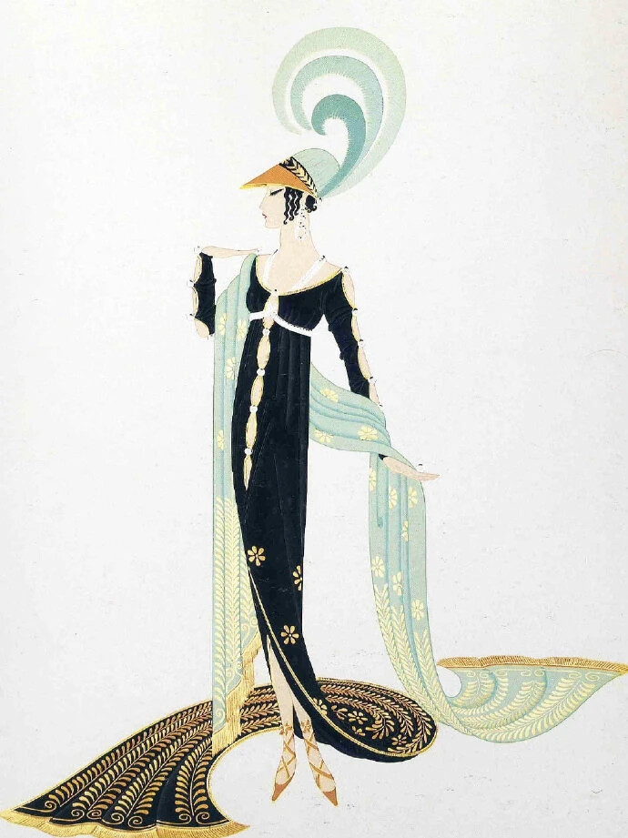 俄裔法籍插画艺术家 Erte（Romain de Tirtoff, 1892—1990）是20世纪最具代表性的插画艺术家之一。他的作品不仅在艺术史上留下了深刻的印记，而且对时装、电影和舞台艺术等领域产生了广泛的影响。Erte的画风以其华丽的艺术风格为特点，他创作的插画充满了装饰性、奢华感和精细的线条。他受到了新艺术运动和装饰风格的影响，这使得他的作品具有明显的装饰性和几何美感。他的作品通常描绘了美丽的女性形象，这些形象的服装和发型都是他精心设计的，并且在视觉上非常引人注目。他也经常描绘神话和历史题材，并运用了大量的金色和银色元素，以增强画面的奢华感。他的插画作品广泛应用于宣传海报、杂志封面、书籍插图、珠宝设计等领域。他也参与了电影和舞台艺术的设计工作，其中包括布莱希特的戏剧和音乐剧的设计。