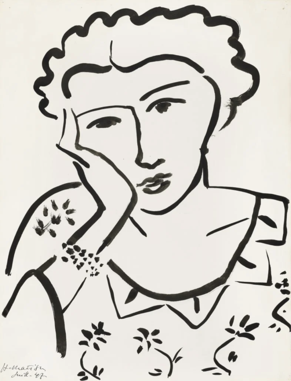 亨利·马蒂斯 (Henri Matisse)，《Jeune fille accoudée》 (1947)，纸上用毛笔和印度墨水创作。图片由佳士得提供。
