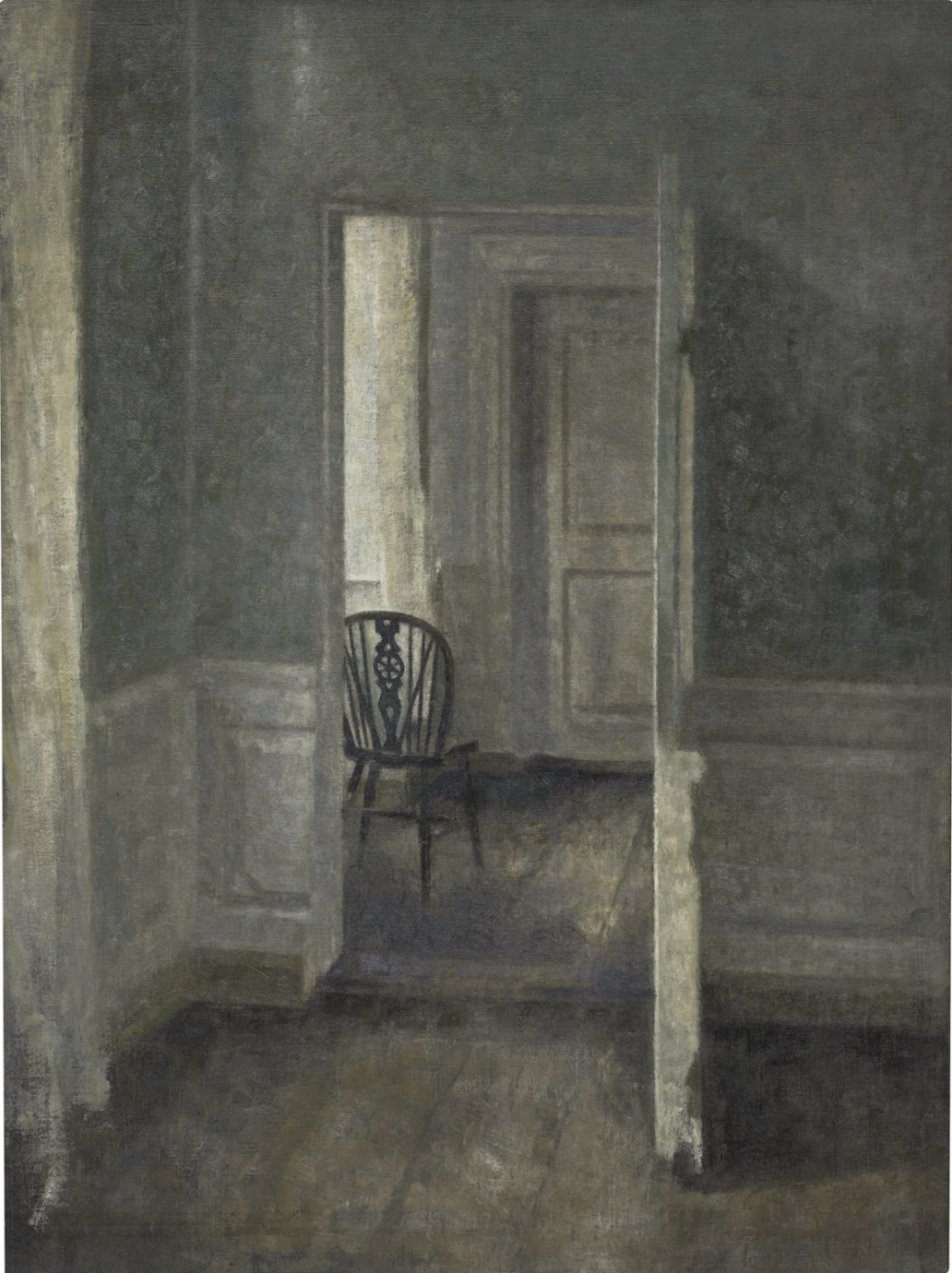 维尔汉姆·哈默修伊（Vilhelm Hammershøi），《温莎椅室内》（Interior with Windsor Chair，1913 年）。图片由菲利普斯画廊提供。
