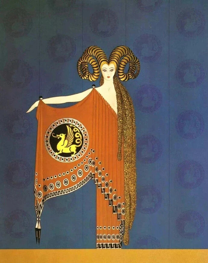 俄裔法籍插画艺术家 Erte（Romain de Tirtoff, 1892—1990）是20世纪最具代表性的插画艺术家之一。他的作品不仅在艺术史上留下了深刻的印记，而且对时装、电影和舞台艺术等领域产生了广泛的影响。Erte的画风以其华丽的艺术风格为特点，他创作的插画充满了装饰性、奢华感和精细的线条。他受到了新艺术运动和装饰风格的影响，这使得他的作品具有明显的装饰性和几何美感。他的作品通常描绘了美丽的女性形象，这些形象的服装和发型都是他精心设计的，并且在视觉上非常引人注目。他也经常描绘神话和历史题材，并运用了大量的金色和银色元素，以增强画面的奢华感。他的插画作品广泛应用于宣传海报、杂志封面、书籍插图、珠宝设计等领域。他也参与了电影和舞台艺术的设计工作，其中包括布莱希特的戏剧和音乐剧的设计。