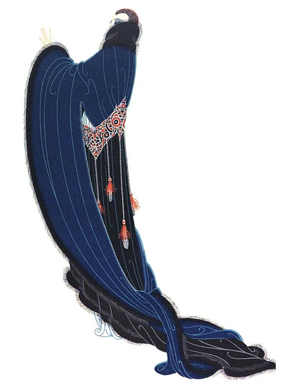 俄裔法籍插画艺术家 Erte（Romain de Tirtoff, 1892—1990）是20世纪最具代表性的插画艺术家之一。他的作品不仅在艺术史上留下了深刻的印记，而且对时装、电影和舞台艺术等领域产生了广泛的影响。Erte的画风以其华丽的艺术风格为特点，他创作的插画充满了装饰性、奢华感和精细的线条。他受到了新艺术运动和装饰风格的影响，这使得他的作品具有明显的装饰性和几何美感。他的作品通常描绘了美丽的女性形象，这些形象的服装和发型都是他精心设计的，并且在视觉上非常引人注目。他也经常描绘神话和历史题材，并运用了大量的金色和银色元素，以增强画面的奢华感。他的插画作品广泛应用于宣传海报、杂志封面、书籍插图、珠宝设计等领域。他也参与了电影和舞台艺术的设计工作，其中包括布莱希特的戏剧和音乐剧的设计。