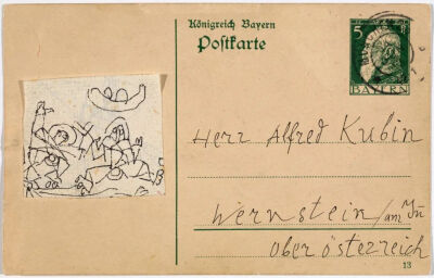 Figuren,Paul Klee aus München an Alfred Kubin in Wernstein Zwickledt Postkarte,Poststempel 19.06.1913,19.Juni1913,Tusche auf Papier auf der Anschriftenseite der Postkarte,9x14cm