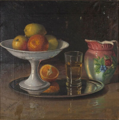 Bodegón con frutero, jarro y vaso de vino
año 1925  Óleo/ Lienzo
36,5 x 36,5 cm
