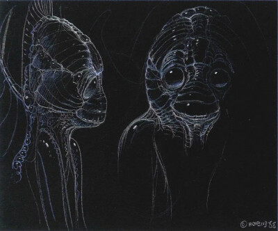 莫比斯（Moebius）为詹姆斯·卡梅隆在1989年上映的电影《深渊》创作的奇幻生物概念设计图，这些幻想生命体都太灵动了！
