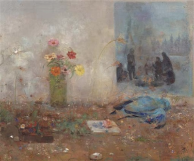 <El pájaro azul>
布面拼贴+油画，65.5 x 81 cm，1960
