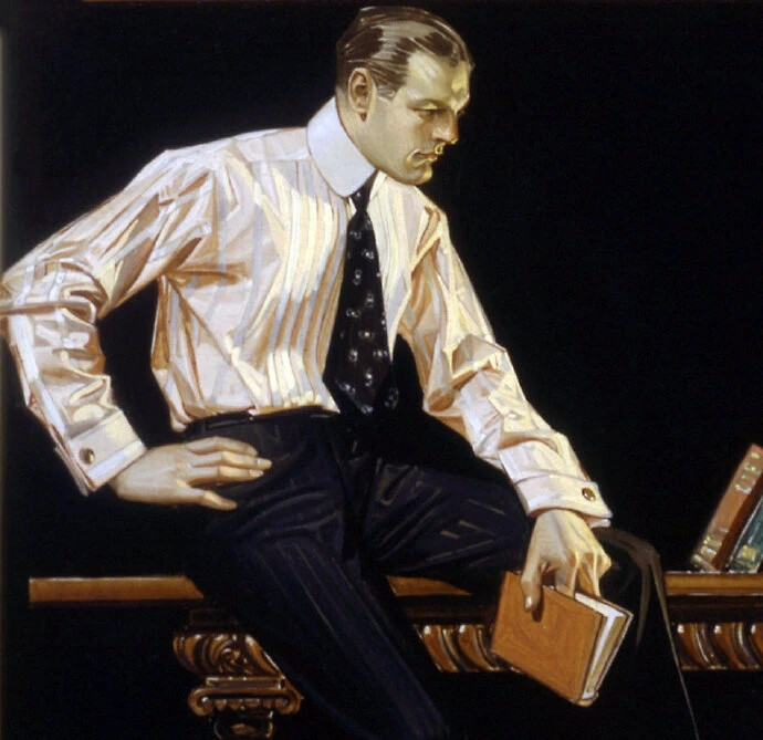 美国插画艺术家 Joseph Christian Leyendecker（1874 年 3 月 23 日 - 1951 年 7 月 25 日）出生于德国，他是 20 世纪初最杰出的插画艺术家之一。他一生绘制了很多海报、书籍和广告插图，就1896 年至 1950 年间，他画了 400 多本杂志封面，仅《周六晚报》就为其绘制了 322 张封面，并为其内页绘制了许多广告插图。他的成就在当时无人能及，几乎引导了现代杂志插图设计的整个理念导向。