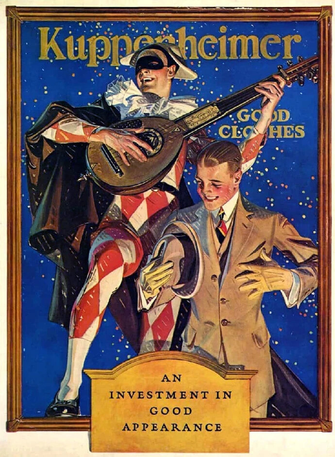 美国插画艺术家 Joseph Christian Leyendecker（1874 年 3 月 23 日 - 1951 年 7 月 25 日）出生于德国，他是 20 世纪初最杰出的插画艺术家之一。他一生绘制了很多海报、书籍和广告插图，就1896 年至 1950 年间，他画了 400 多本杂志封面，仅《周六晚报》就为其绘制了 322 张封面，并为其内页绘制了许多广告插图。他的成就在当时无人能及，几乎引导了现代杂志插图设计的整个理念导向。