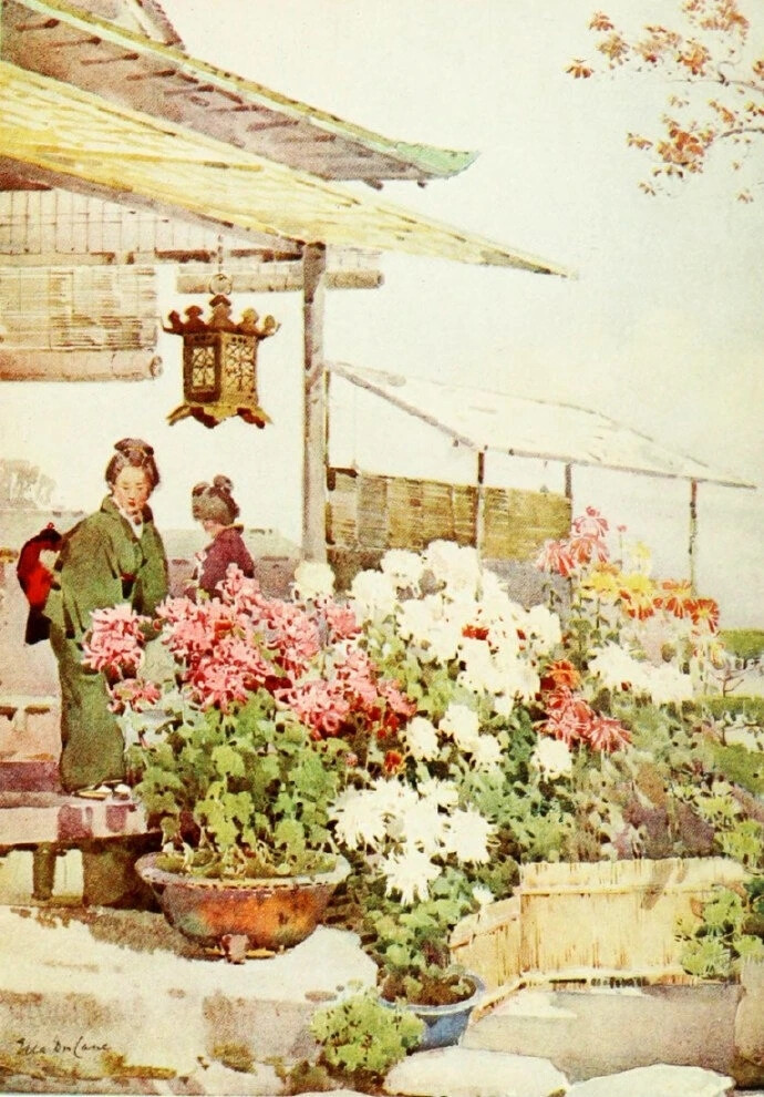 Ella Du Cane（1880-1940)是19世纪著名的英国水彩画家，1889 年她的父亲过世后，她结伴和她身为作家的姐姐 Florence 一同游历东方。这些水彩画是她游历日本时，用水彩画笔记录下的日式园林与寺庙一角。她的作品曾被维多利亚女王收藏。 
