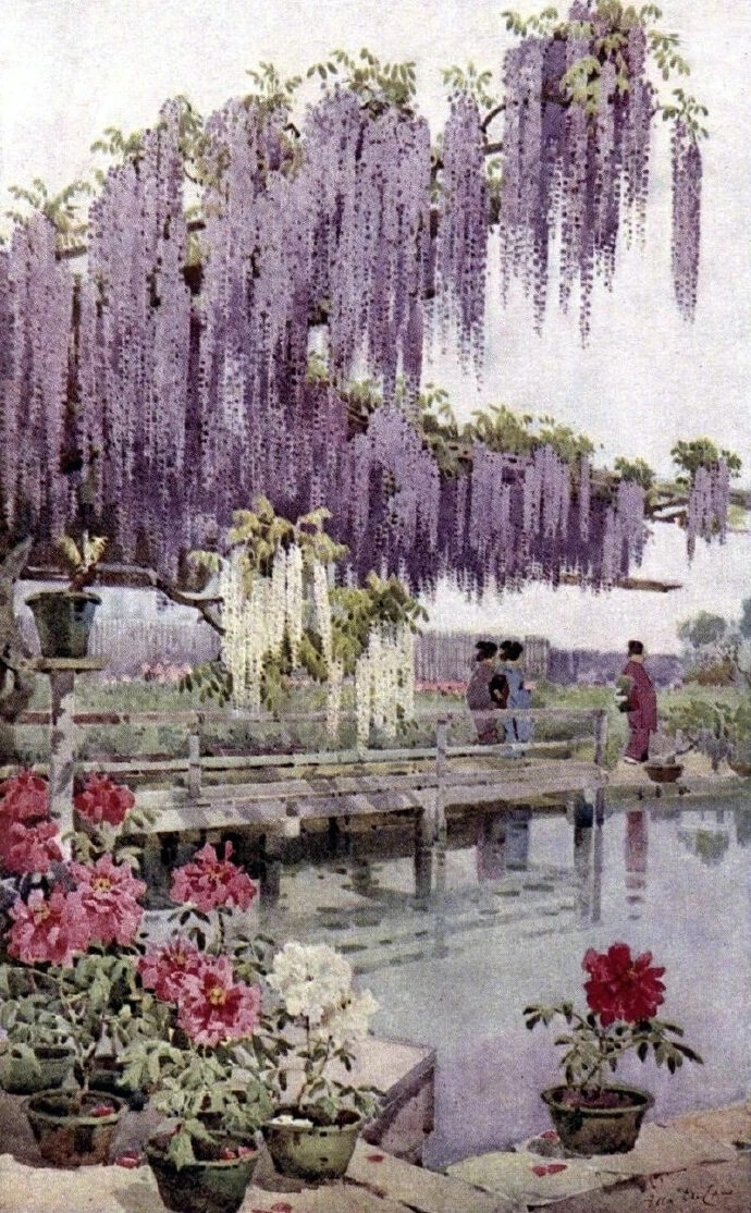 Ella Du Cane（1880-1940)是19世纪著名的英国水彩画家，1889 年她的父亲过世后，她结伴和她身为作家的姐姐 Florence 一同游历东方。这些水彩画是她游历日本时，用水彩画笔记录下的日式园林与寺庙一角。她的作品曾被维多利亚女王收藏。 
