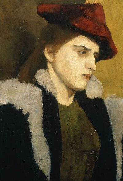 Paula Modersohn-Becker：Portrait of a young woman with red hat，1900 年