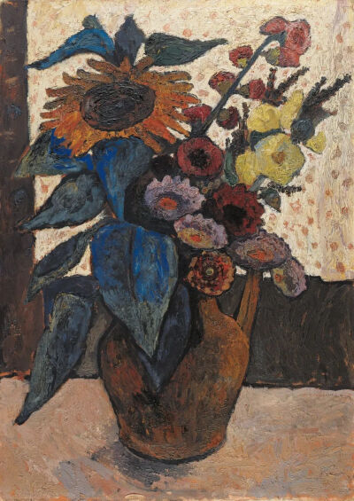 Paula Modersohn-Becker：Still life with sunflowers, hollyhocks and georgines
1907年
