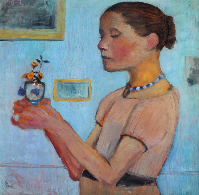 Paula Modersohn-Becker：Young girl with yellow flowers in the glass，1902年