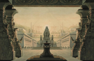 19世纪德国画家Karl Friedrich Schinkel为莫扎特歌剧《魔笛》设计的舞台布景 
