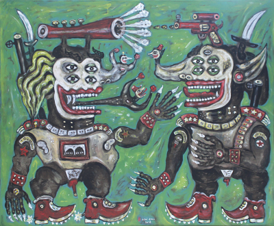 HERI DONO, The Two Generals, 2016. Acrylic on canvas, 125 × 150 cm. Photo by
Reynov Tri Wijaya. © Heri Dono, courtesy Mizuma Art Gallery.
