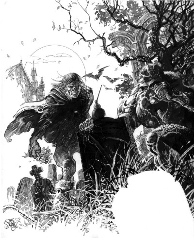 这是美国插画家 Bernie Wrightson(1948年10月27日—2017年03月19日)的作品，Bernie Wrightson1948年出生于美国马里兰州(巴尔的摩市), 他以惊悚的插画、漫画而闻名世界。复杂硬朗细腻的排线，层次分明的黑白画面是他…