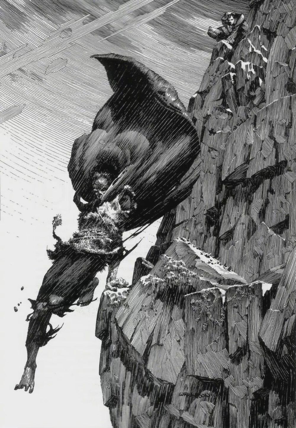 这是美国插画家 Bernie Wrightson(1948年10月27日—2017年03月19日)的作品，Bernie Wrightson1948年出生于美国马里兰州(巴尔的摩市), 他以惊悚的插画、漫画而闻名世界。复杂硬朗细腻的排线，层次分明的黑白画面是他的标志性的画风。代表作有《科学怪人—弗兰肯斯坦》、《沼泽怪物》......他的《沼泽怪物》为惊悚漫画艺术树立了新的标准，并对其他艺术家产生了影响，同时他也担任了多部惊悚奇幻影视剧的编剧