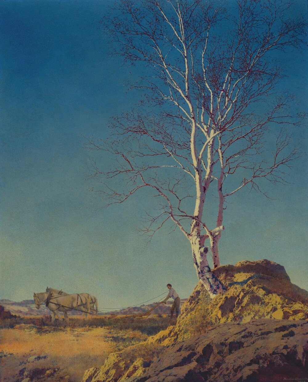 马克斯菲尔德.帕里什（Maxfield Parrish），美国插画家，活跃于20世纪上半叶，其作品因独特的饱和色与理想化的新古典主义意象而出名。帕里什的艺术特点是鲜艳的色彩，“帕里什蓝色”这个颜色就是以他的名字命名。帕里什用在他的画中使用了许多创新技术。他将模型照片的黑白几何图案投影到他的作品中。他也将通过拍照，放大对象来创作他的画。帕里什使用的绘画技术使他的画更立体。
