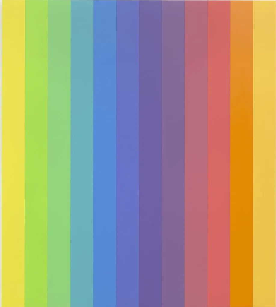 Ellsworth Kelly，《光谱九》
（Spectrum IX），2014年
布面丙烯画，十二块拼接面板
107 3/4 ✕ 96英寸 (273.7 ✕ 243.8厘米)
收藏于美国马里兰州波托马克的格伦斯通博物馆
Ron Amstutz，由Ellsworth Kelly Studio提供
©Ellsworth Kelly Foundation
