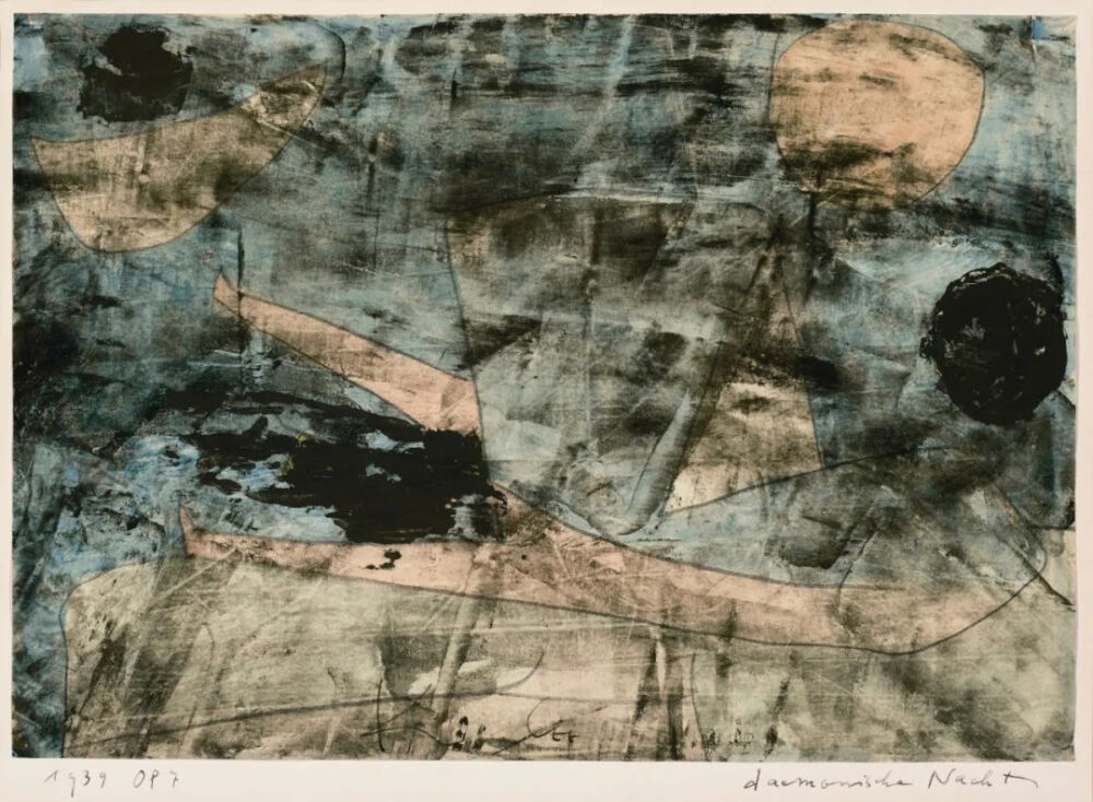 Dämonische Nacht,1939,Coloured paste,watercolour and chalk on paper laid down on the artist's mount,20.5x29.4cm
