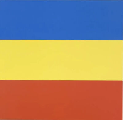 Ellsworth Kelly，《蓝黄红 III》
（Blue Yellow Red III），1971年
布面油画，三幅拼接画板
72 ✕ 74英寸 (182.9 ✕ 188厘米)
收藏者：Jack Shear，Ron Amstutz
由Ellsworth Kelly Studio提供
©Ellsworth Kel…