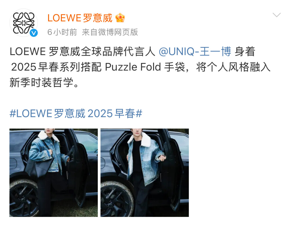 LOEWE 罗意威全球品牌代言人 @UNIQ-王一博 身着2025早春系列搭配 Puzzle Fold 手袋，将个人风格融入新季时装哲学。
#LOEWE罗意威2025早春# ​​​