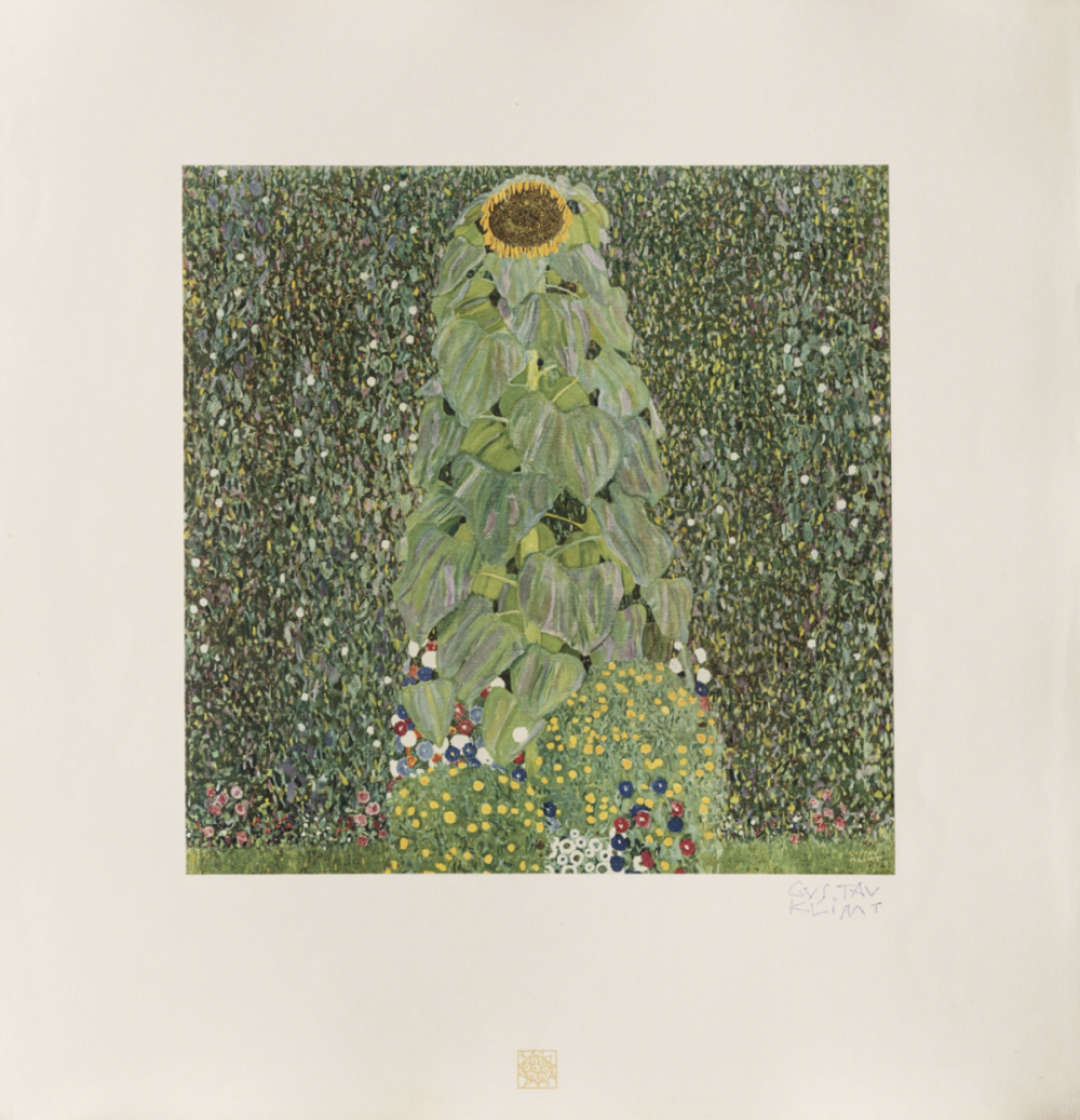 古斯塔夫·克里姆特 (Gustav Klimt)，印刷商：KK Hof-und Staatsdruckerei向日葵复制品(1907-08)，金色凹版柯罗版画。第一出版商：HO Miethke，1908-14。重新发行：Hugo Heller Kunstverlag，1918 年。