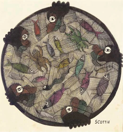 斯科特·威尔逊（Scottie Wilson，1891年2月28日-1972 年），出生于路易斯·弗里曼，是一位苏格兰犹太人局外人艺术家，以其高度细致的风格而闻名。44岁开始艺术生涯，作品受到让·杜布菲、巴勃罗·毕加索等人的推崇和收藏，被普遍认为走在20世纪局外人艺术的前沿。