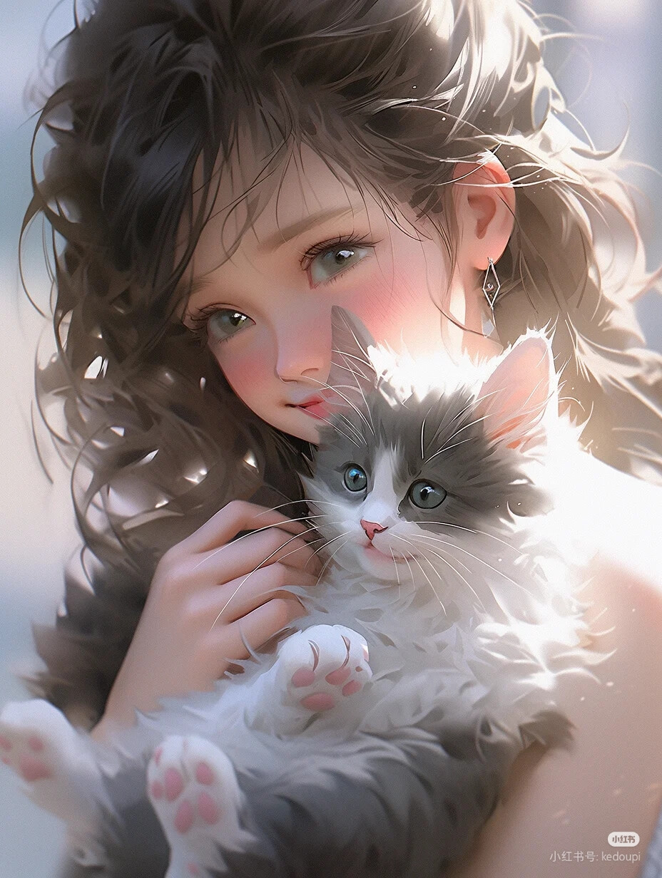 手绘抱猫女头