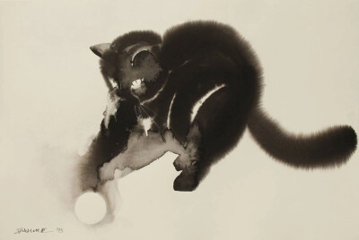 塞尔维亚画家 Endre Penovác（1956年—）的猫猫水墨绘画
