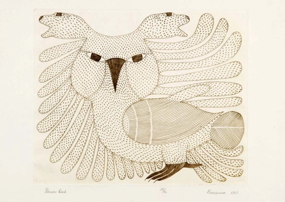 科努瓦克·阿什瓦克（Kenojuak Ashevak）是著名的加拿大因纽特艺术家，她创作了一些加拿大艺术中最具标志性和辨识度的图像。在从事雕塑工作时，阿什瓦克以其引人入胜的图形作品而闻名，包括素描和版画。这些作品涵盖了富有想象力和多样化的主题，其中最大的主题包括鸟类，尤其是活泼的猫头鹰。