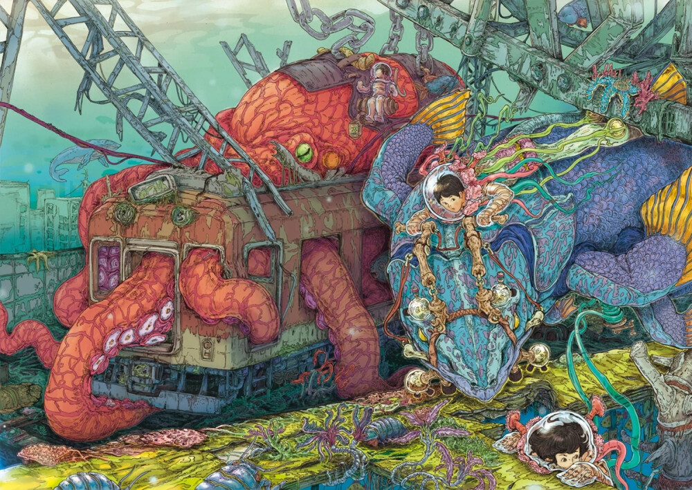 日本插画艺术家Kazuki Okuda的插画作品令人眼花缭乱，目不暇接，他的作品不仅包含传统绘画的神韵，也有自己独树一帜的创造，他以万花筒般的变幻莫测和精细入微的刻画，庞杂纷繁而又井然有序，数不胜数的动植物元素，奇异结合的海底世界和蟹脚城堡，怪诞元素混搭，向我们展开了一个繁复细腻，生动有趣，脑洞大开的幻想世界。