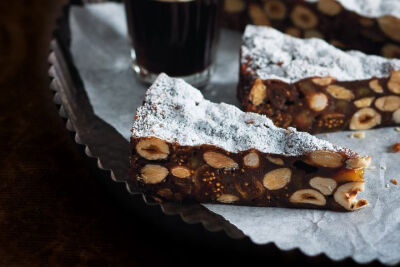 意大利 Panforte 潘芙蕾 意为结实的面包，是一款经典的圣诞节甜食，最初来自锡耶纳，其历史可以追溯到一千年前。传说第一个潘芙蕾硬蛋糕是由一名修女烤制出的，混合了蜂蜜、面粉、蜜饯、杏仁和生姜，肉桂和肉豆蔻等…