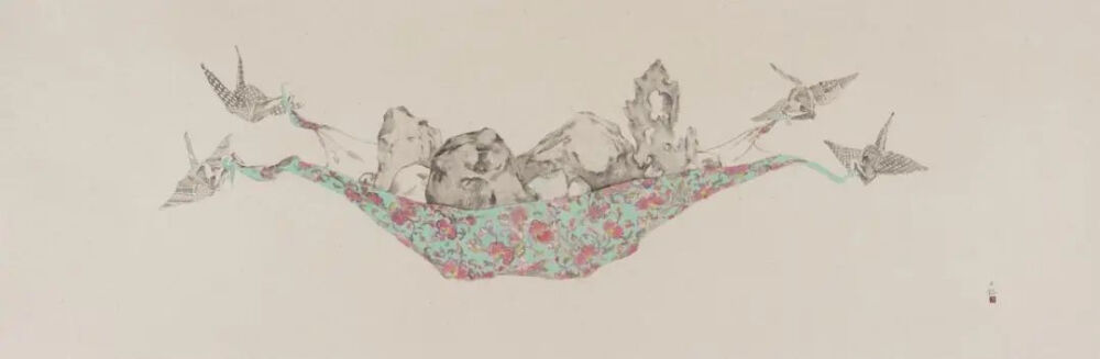 《齐飞》
2021年，纸本水墨，150 × 48 cm
