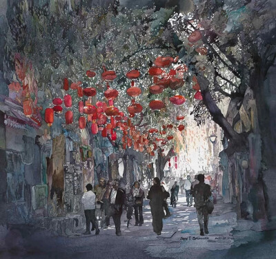 美国水彩画家 John Salminen 浪漫的街景水彩 
