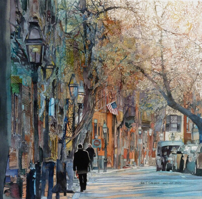 美国水彩画家 John Salminen 浪漫的街景水彩 
