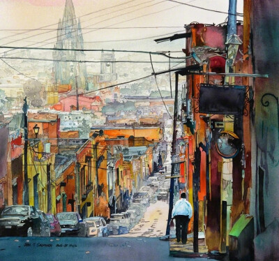美国水彩画家 John Salminen 浪漫的街景水彩 

