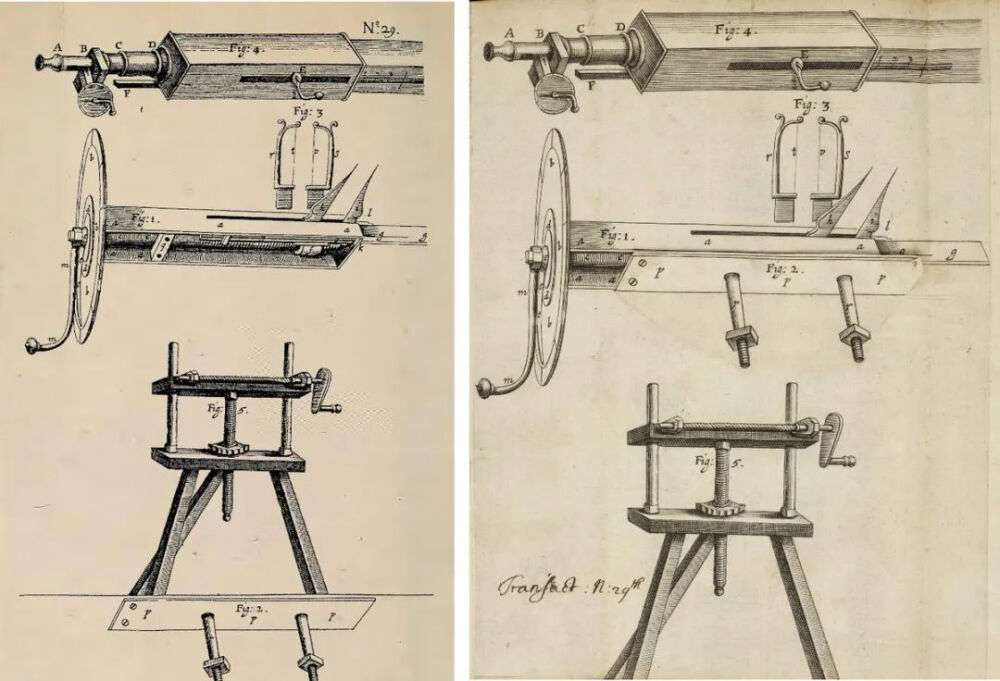 左图：理查德·汤利千分尺的版画，底部有遮盖，此为供应给书商的版本。右图：遮盖被剪下并粘合到位后的版画；摘自《哲学学报》，1667年。