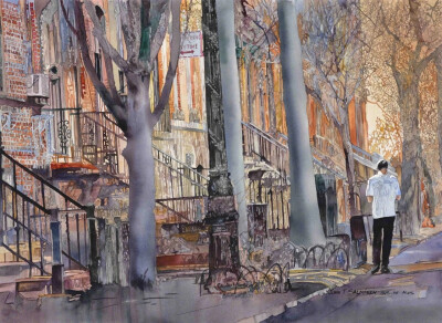 美国水彩画家 John Salminen 浪漫的街景水彩 
