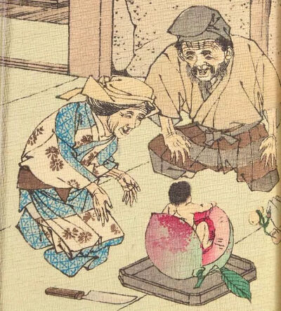 出生在桃子里的男孩——大约1889年《桃太郎》第二版绉纸重印本插图。