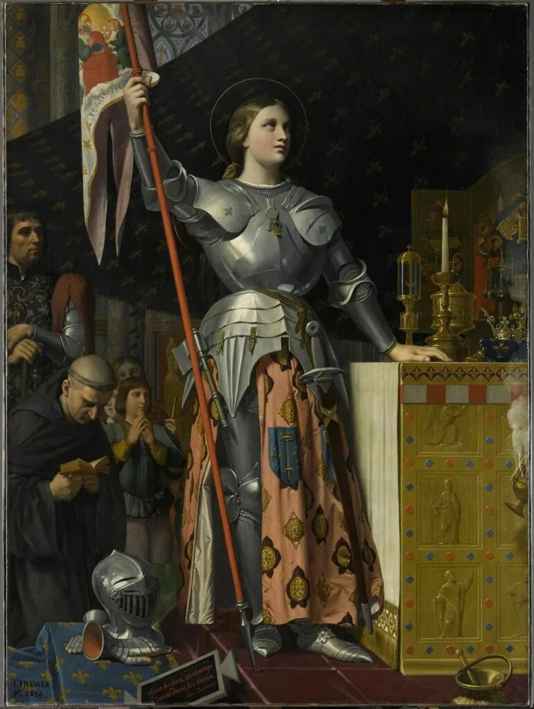 安格尔（Jean-Auguste-Dominique Ingres）
《出席兰斯大教堂查尔斯七世加冕典礼的贞德》
（Jeanne d’Arc au sacre du roi Charles VII, dans la cathédrale de Reims）
1854年，油画，240cmx178cm
罗浮宫美术馆
