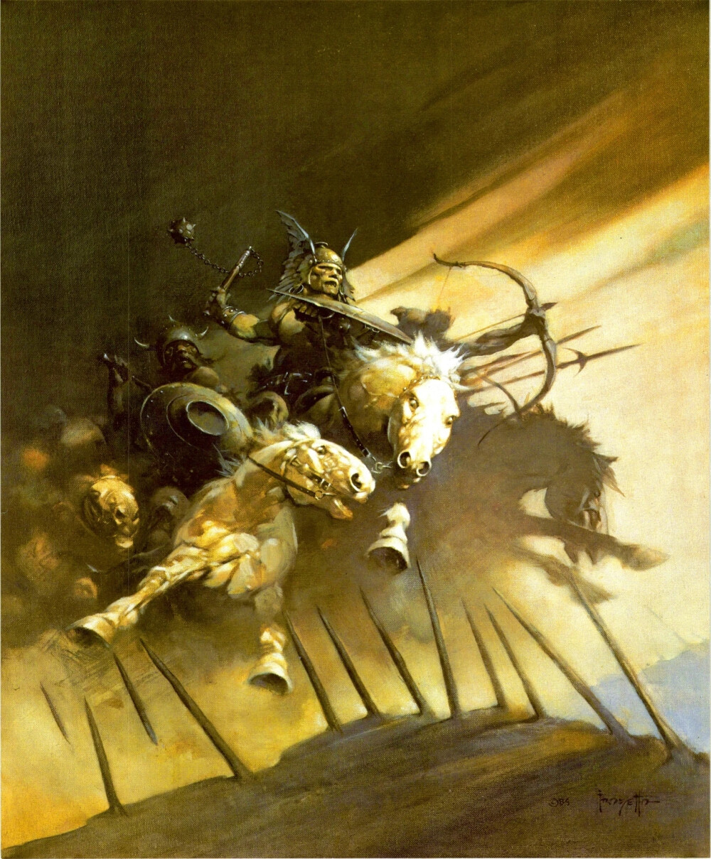 弗兰克·弗雷泽塔（Frank Frazetta）生于纽约布鲁克林，是一位传奇的漫画家、插画家，亦是奇幻画派（Fantasy Art）的先驱。弗雷泽塔对人体的肌理表现扎实，油画作品生动、充满力度，也有着一种旧日时光的幽雅。作为科幻插图界的巨人，他的画风独树一帜，大气雄浑，影响了无数科幻插画家以及几代科幻迷。